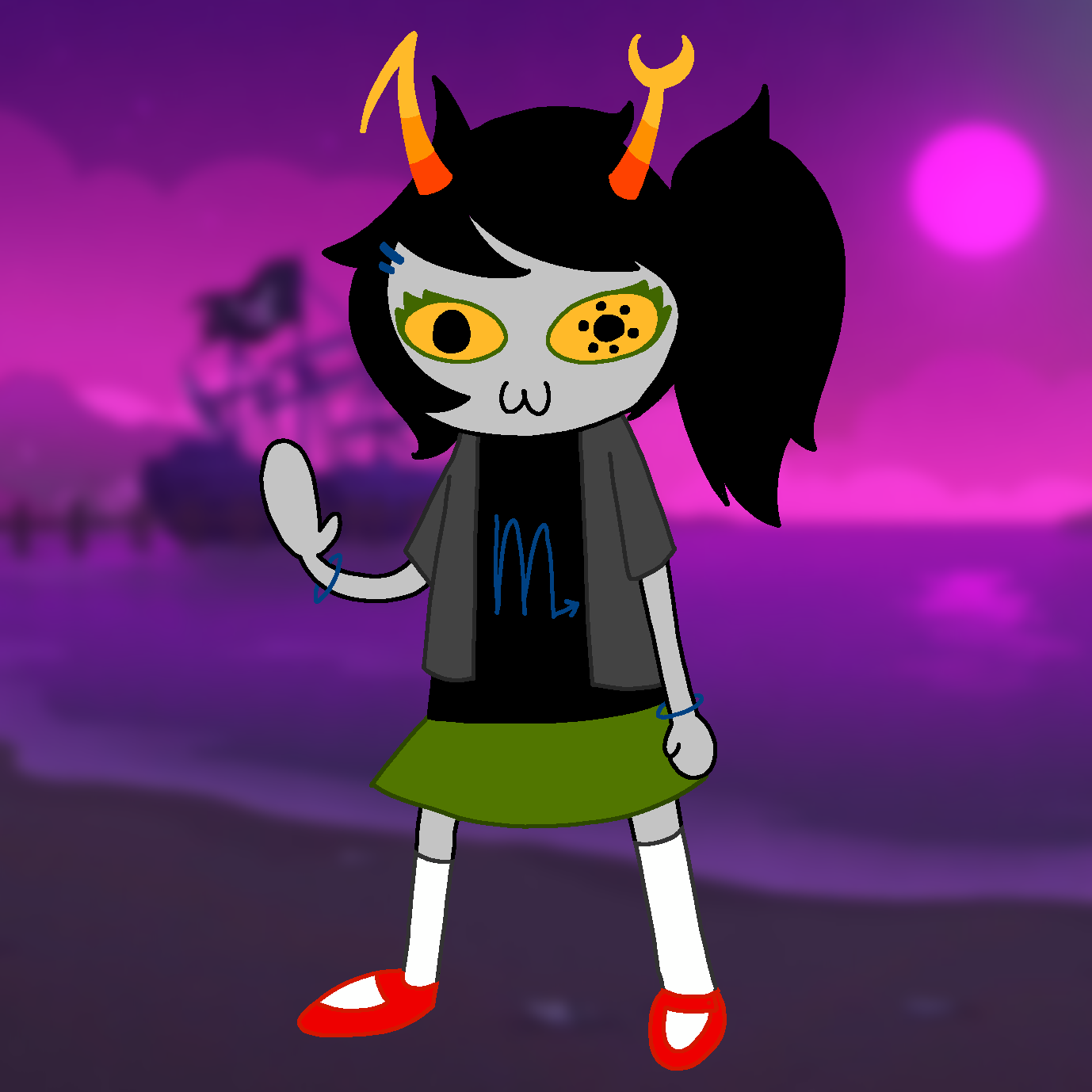 A bad drawing of a Homestuck troll, she resembles Vriska but she is wearing a shorter jacket, a green skirt, a ponytail, white stockings with red mary janes, green eyeliner, blue barettes, and a blue bracelet. She has a cat-like smile. She still has the same horn shape, pupils, and shirt symbol as regular Vriska.