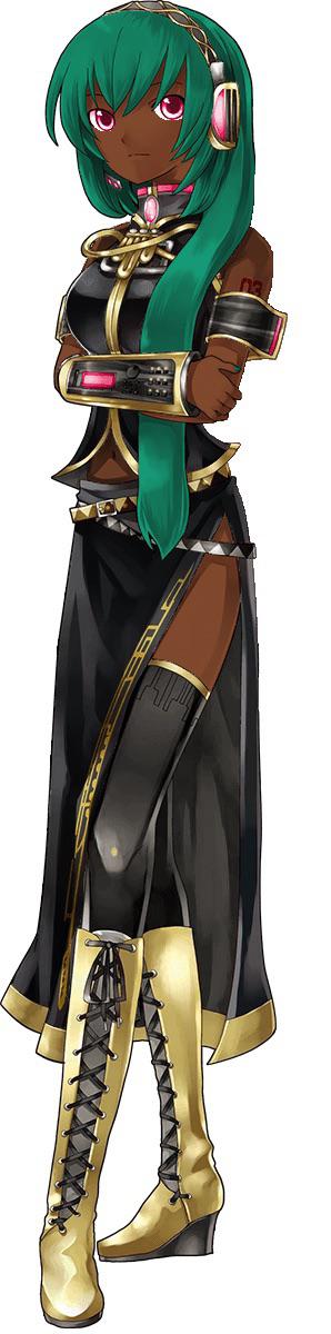 a character resembling the Vocaloid character Megurine Luka, except that she has dark skin and short teal hair.